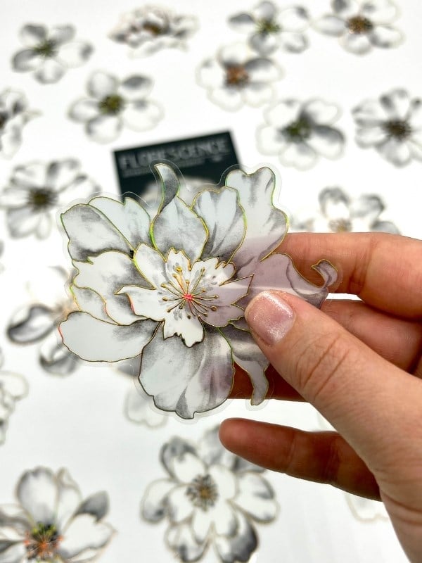 Florescence Altın Yaldızlı Siyah-Beyaz Özel Tasarım Şakayık Çiçeği Sticker Seti/20 Adet/Etiket/Çıkartma