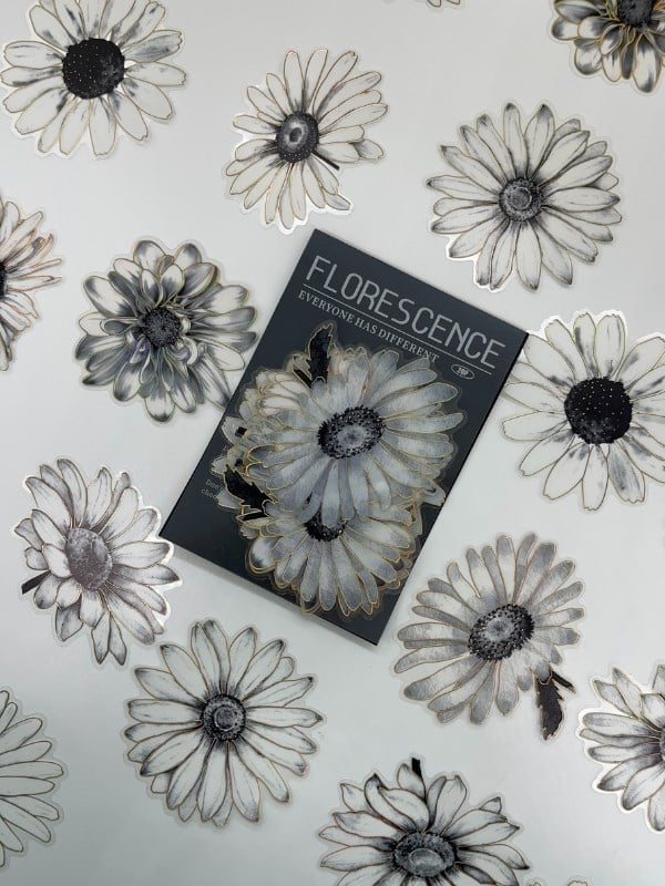 Florescence Altın Yaldızlı Siyah-Beyaz Özel Tasarım Papatya Sticker Seti/20 Adet/Etiket/Çıkartma