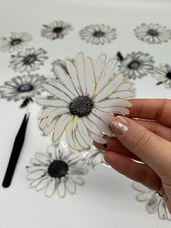 Florescence Altın Yaldızlı Siyah-Beyaz Özel Tasarım Papatya Sticker Seti/20 Adet/Etiket/Çıkartma