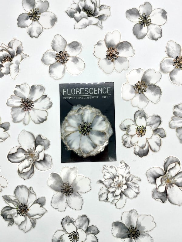 Florescence Altın Yaldızlı Siyah-Beyaz Özel Tasarım Şakayık Çiçeği Sticker Seti/20 Adet/Etiket/Çıkartma