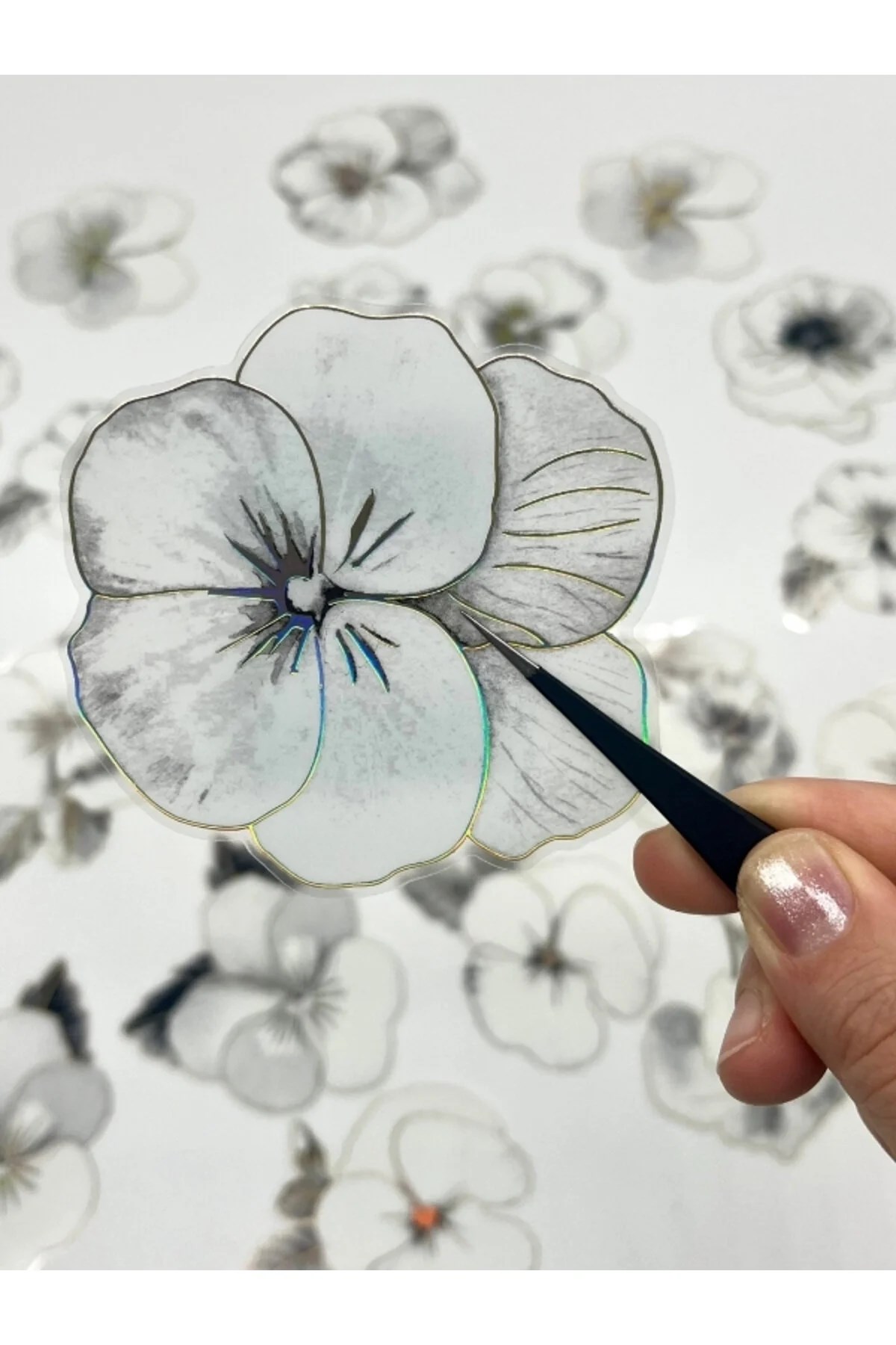 Florescence Altın Yaldızlı Siyah-Beyaz Özel Tasarım Gündüz Menekşesi Sticker Seti/20 Adet/Etiket/Çıkartma