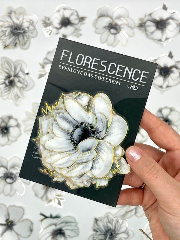 Florescence Altın Yaldızlı Siyah-Beyaz Özel Tasarım Anemon Çiçeği Sticker Seti/20 Adet/Etiket/Çıkartma