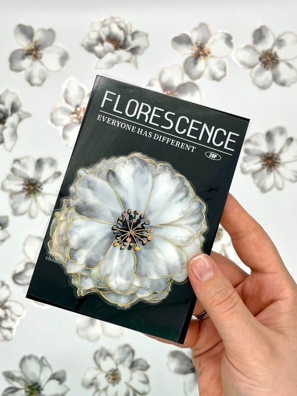 Florescence Altın Yaldızlı Siyah-Beyaz Özel Tasarım Şakayık Çiçeği Sticker Seti/20 Adet/Etiket/Çıkartma