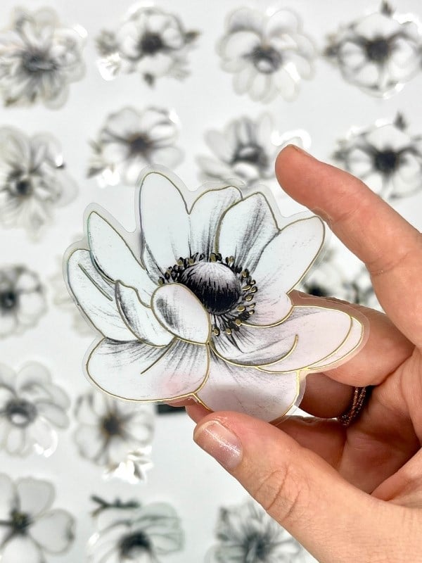 Florescence Altın Yaldızlı Siyah-Beyaz Özel Tasarım Anemon Çiçeği Sticker Seti/20 Adet/Etiket/Çıkartma