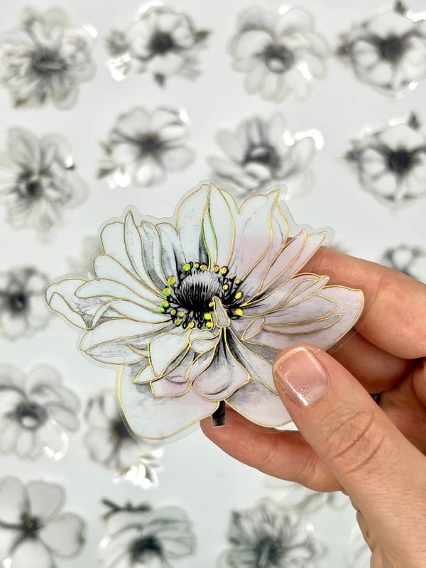 Florescence Altın Yaldızlı Siyah-Beyaz Özel Tasarım Anemon Çiçeği Sticker Seti/20 Adet/Etiket/Çıkartma