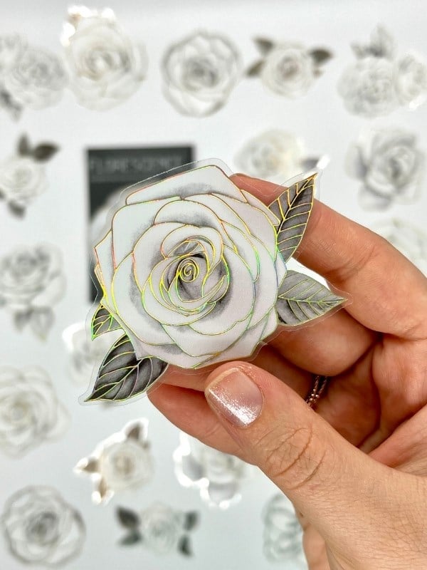 Florescence Altın Yaldızlı Siyah-Beyaz Özel Tasarım Gül Çiçeği Sticker Seti/20 Adet/Etiket/Çıkartma