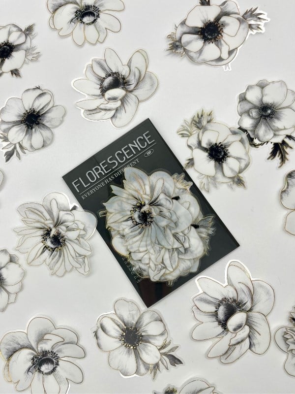 Florescence Altın Yaldızlı Siyah-Beyaz Özel Tasarım Anemon Çiçeği Sticker Seti/20 Adet/Etiket/Çıkartma