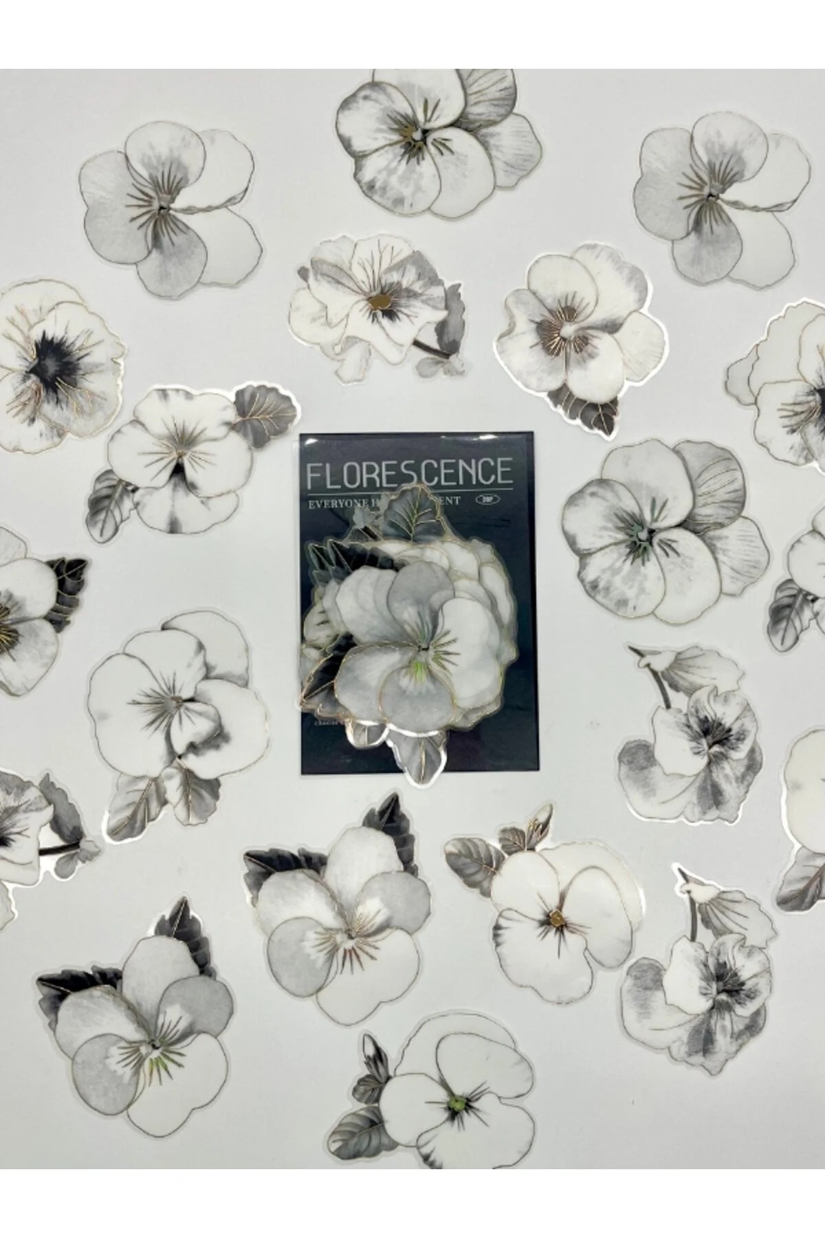 Florescence Altın Yaldızlı Siyah-Beyaz Özel Tasarım Gündüz Menekşesi Sticker Seti/20 Adet/Etiket/Çıkartma