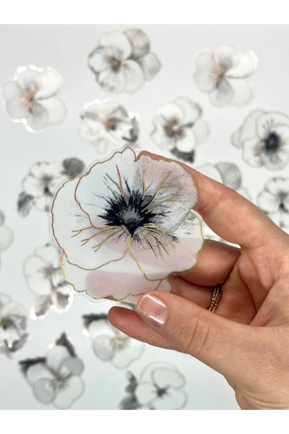 Florescence Altın Yaldızlı Siyah-Beyaz Özel Tasarım Gündüz Menekşesi Sticker Seti/20 Adet/Etiket/Çıkartma