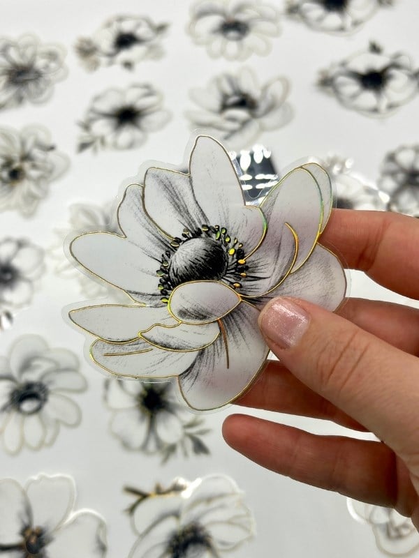 Florescence Altın Yaldızlı Siyah-Beyaz Özel Tasarım Anemon Çiçeği Sticker Seti/20 Adet/Etiket/Çıkartma