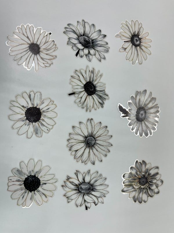 Florescence Altın Yaldızlı Siyah-Beyaz Özel Tasarım Papatya Sticker Seti/20 Adet/Etiket/Çıkartma