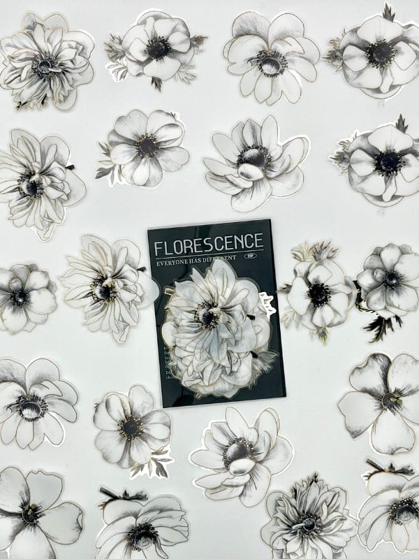 Florescence Altın Yaldızlı Siyah-Beyaz Özel Tasarım Anemon Çiçeği Sticker Seti/20 Adet/Etiket/Çıkartma