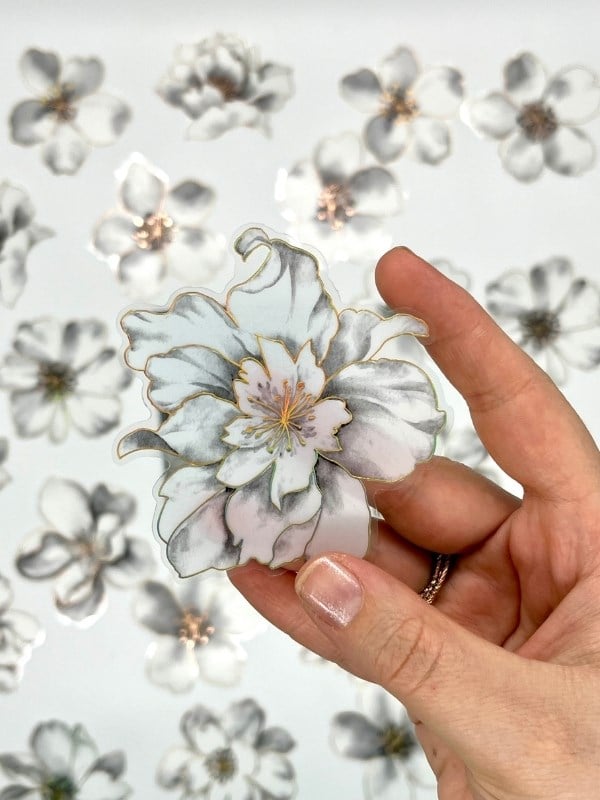 Florescence Altın Yaldızlı Siyah-Beyaz Özel Tasarım Şakayık Çiçeği Sticker Seti/20 Adet/Etiket/Çıkartma