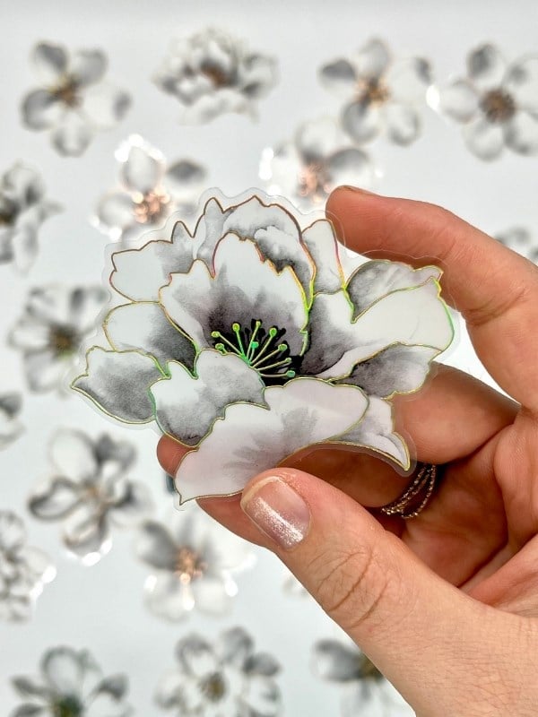 Florescence Altın Yaldızlı Siyah-Beyaz Özel Tasarım Şakayık Çiçeği Sticker Seti/20 Adet/Etiket/Çıkartma