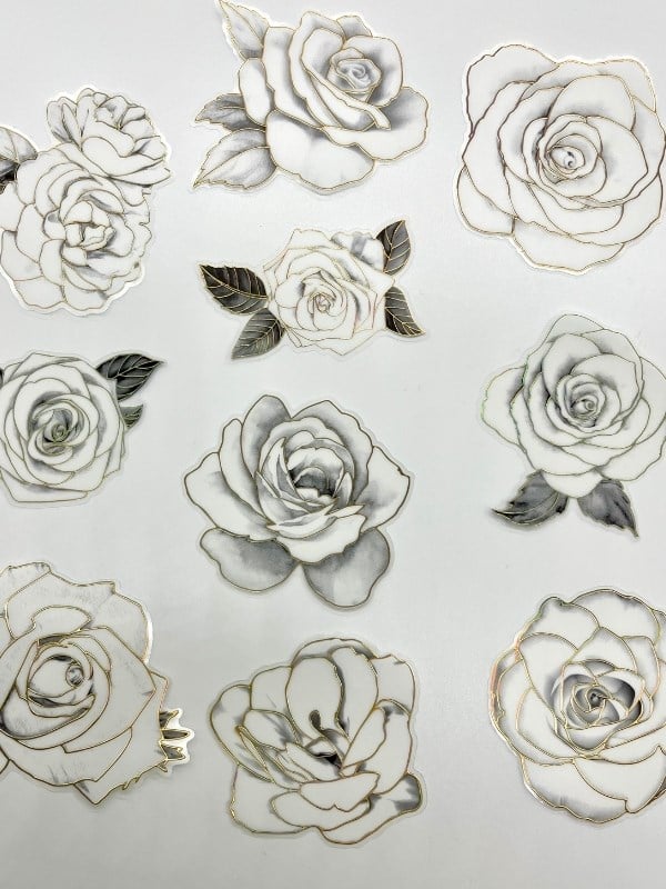 Florescence Altın Yaldızlı Siyah-Beyaz Özel Tasarım Gül Çiçeği Sticker Seti/20 Adet/Etiket/Çıkartma