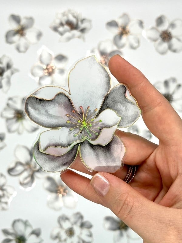Florescence Altın Yaldızlı Siyah-Beyaz Özel Tasarım Şakayık Çiçeği Sticker Seti/20 Adet/Etiket/Çıkartma
