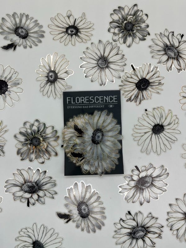 Florescence Altın Yaldızlı Siyah-Beyaz Özel Tasarım Papatya Sticker Seti/20 Adet/Etiket/Çıkartma