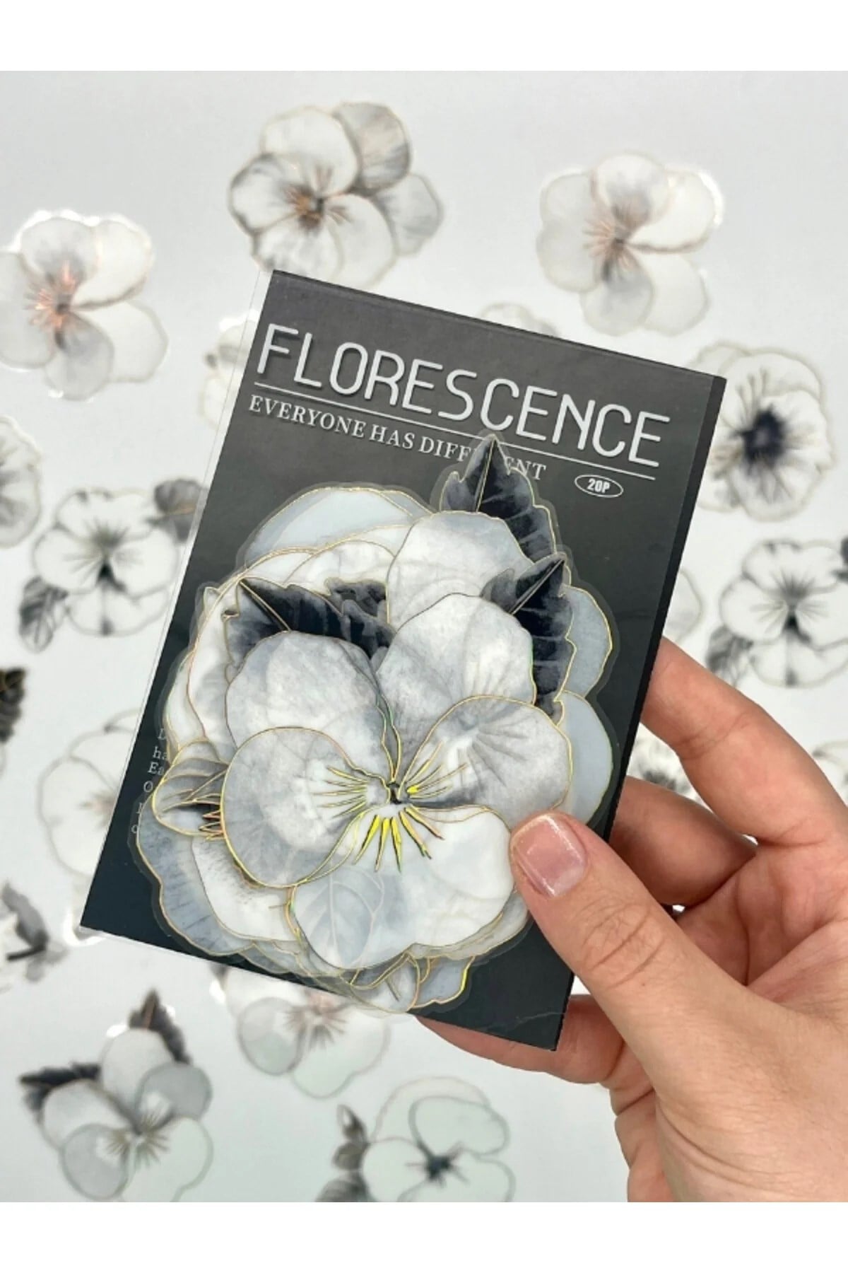 Florescence Altın Yaldızlı Siyah-Beyaz Özel Tasarım Gündüz Menekşesi Sticker Seti/20 Adet/Etiket/Çıkartma