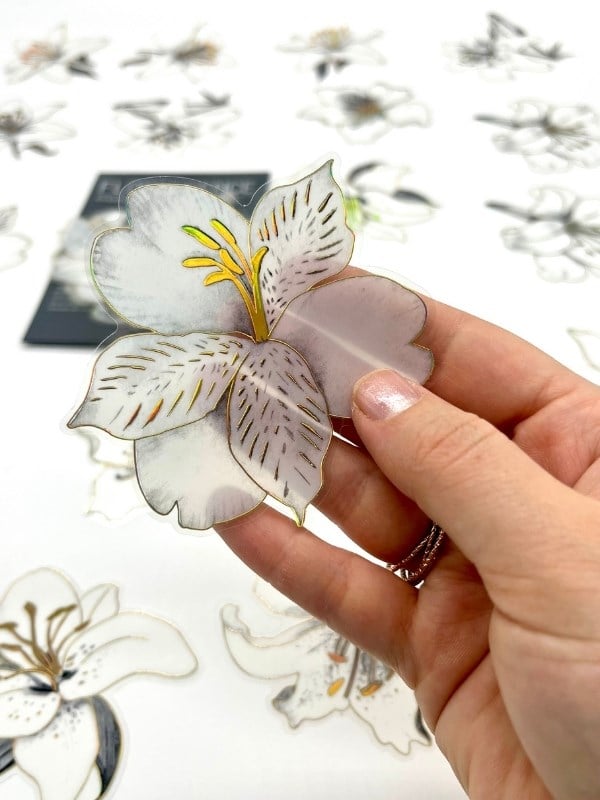 Florescence Altın Yaldızlı Siyah-Beyaz Özel Tasarım Zambak Çiçeği Sticker Seti/20 Adet/Etiket/Çıkartma