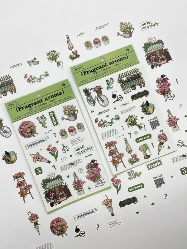 Fragrant Aroma Çiçek Ve Botanik Temalı 2 Yaprak 50 Adet Sticker Seti/Etiket/Çıkartma