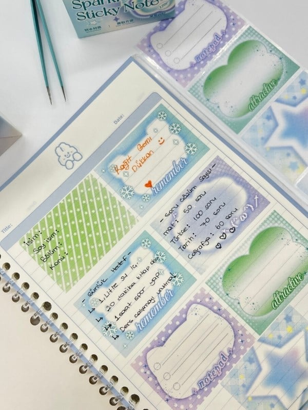 Frosted Sparkle Notes Elmalı 6m 120 Adet Not Etiketi Sticker Washi Bant/Masking Tape/Desenli Bant