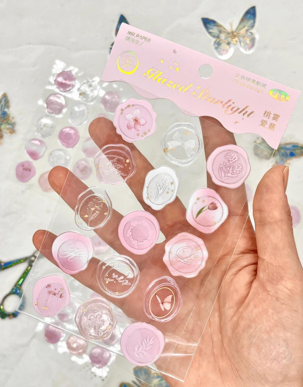 Glazed Starlight 3D Pembe 15 Adet Kendinden Yapışkanlı Stıcker Mühür / Damga / Sanat Çıkartmaları