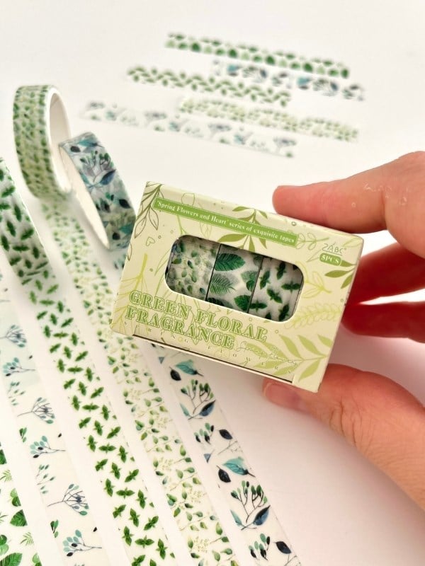 Green Floral Fragrance Bahar Yaprakları Temalı 5'li Washi Bant Set (5*2m)/Masking Tape/Desenli Bant