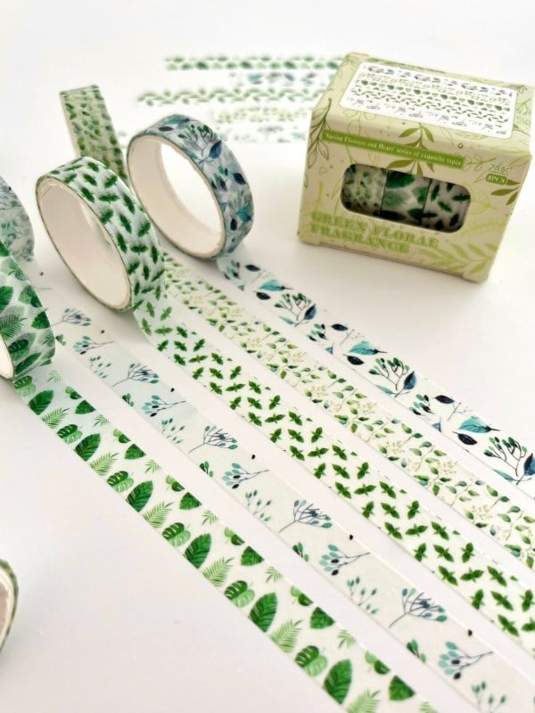 Green Floral Fragrance Bahar Yaprakları Temalı 5'li Washi Bant Set (5*2m)/Masking Tape/Desenli Bant