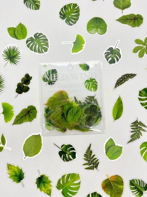 Green Forest Leaves 40 Adet Dekoratif Yeşil Yaprak Şeffaf Pet Sticker Seti/Etiket/Çıkartma