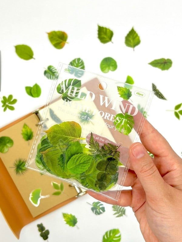 Green Forest Leaves 40 Adet Dekoratif Yeşil Yaprak Şeffaf Pet Sticker Seti/Etiket/Çıkartma