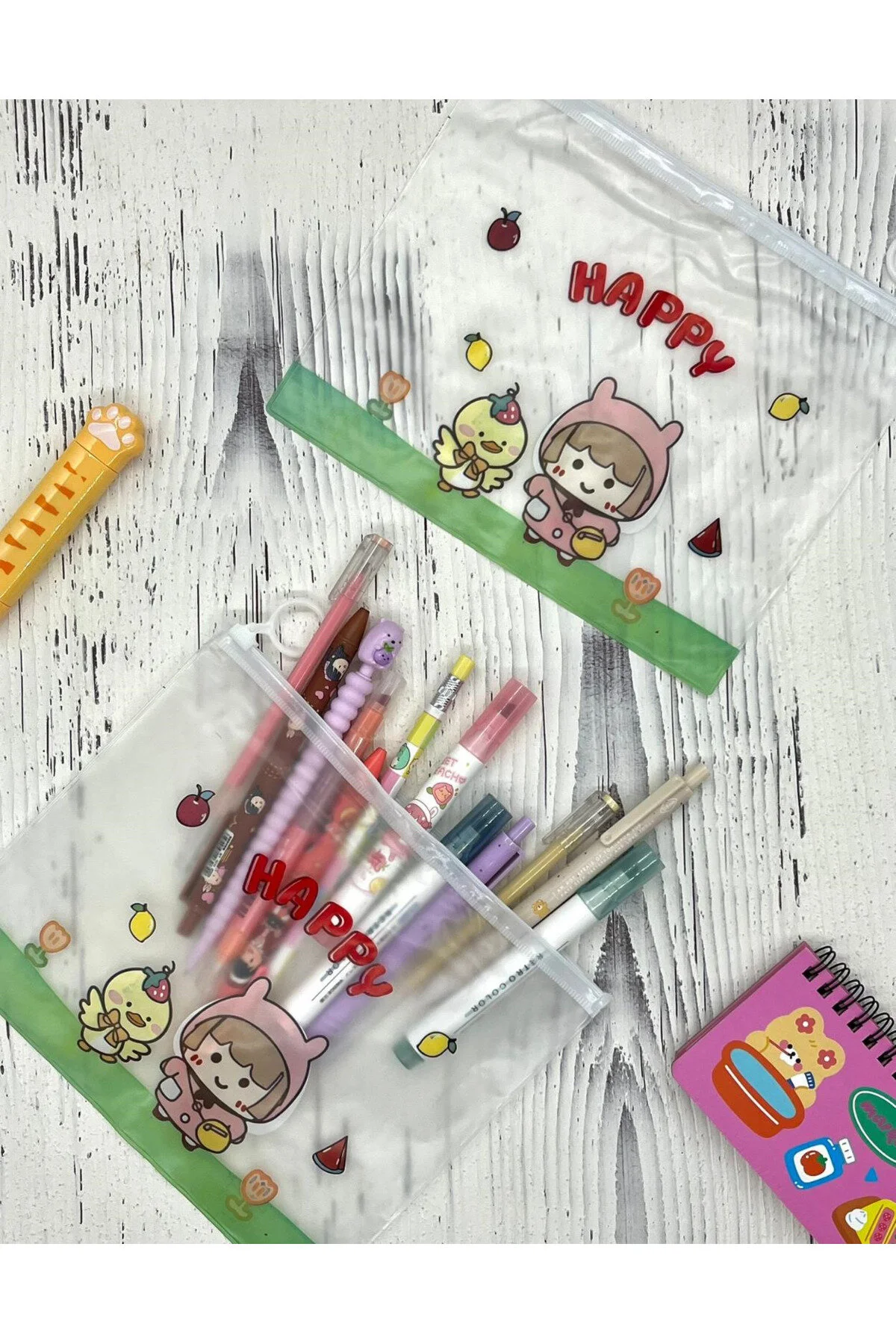 Happy Civciv ile Sevimli Kız Şeffaf ve Fermuarlı Kilitli Çanta / Toparlayıcı / Kalem Kutu