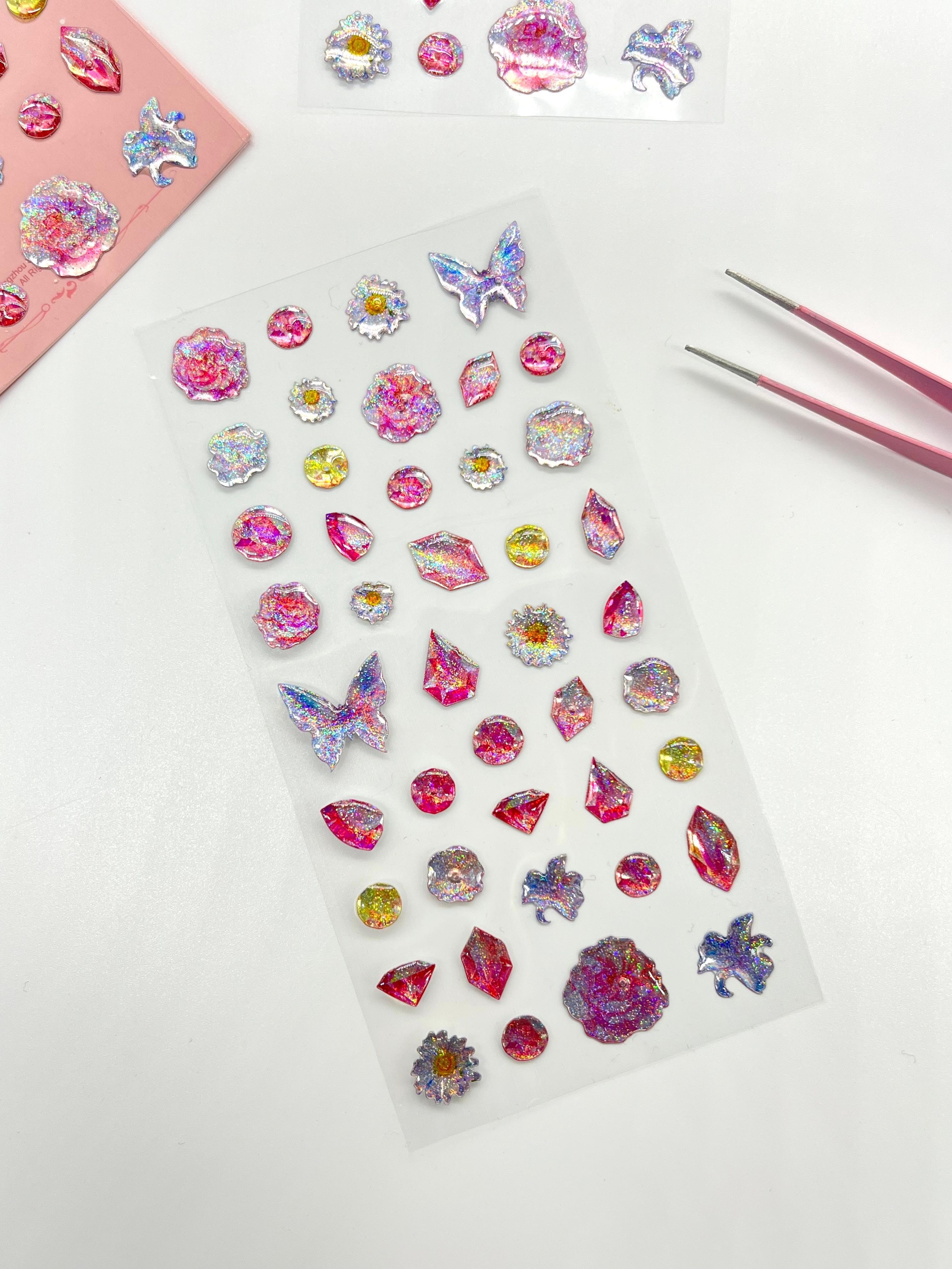 Holografik Çiçek ve Kelebek Pembe Paket Tek Yaprak 42 Adet Taş Sticker Seti/Etiket/Çıkartma