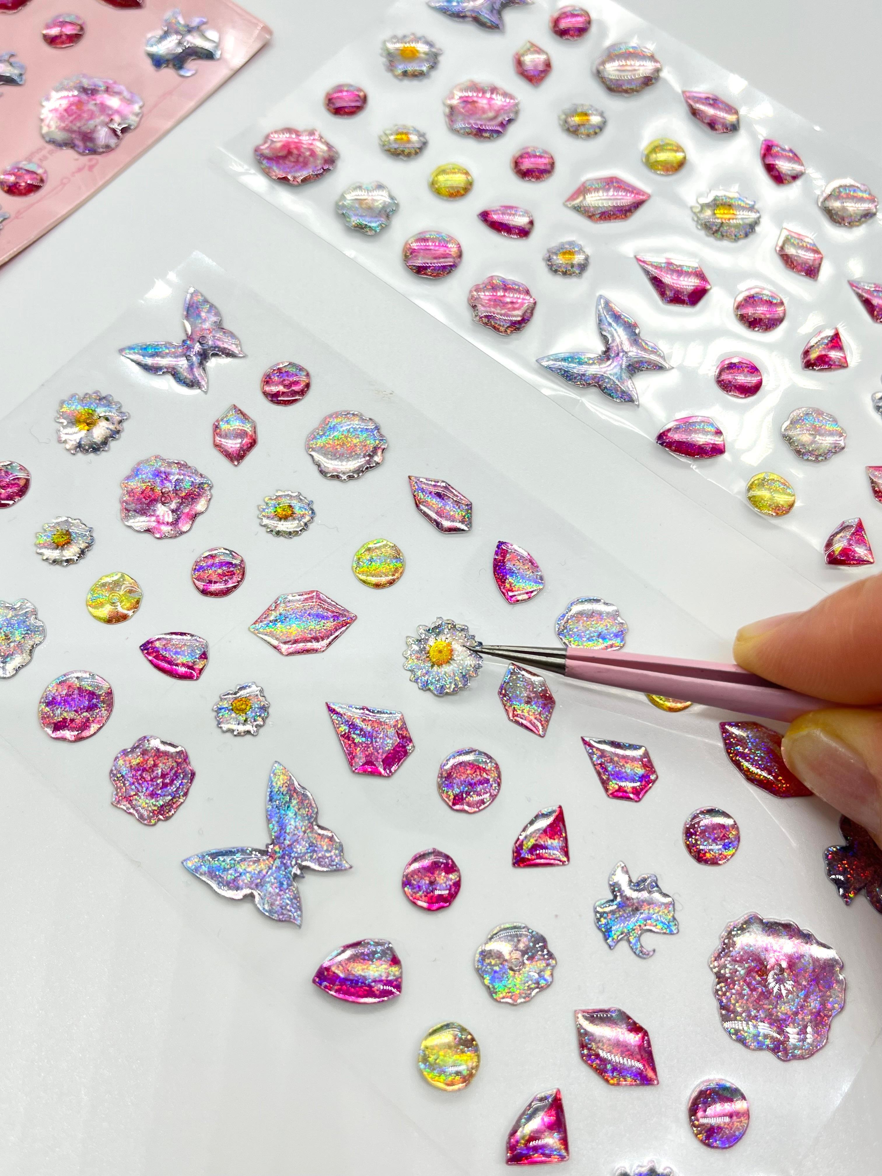 Holografik Çiçek ve Kelebek Pembe Paket Tek Yaprak 42 Adet Taş Sticker Seti/Etiket/Çıkartma