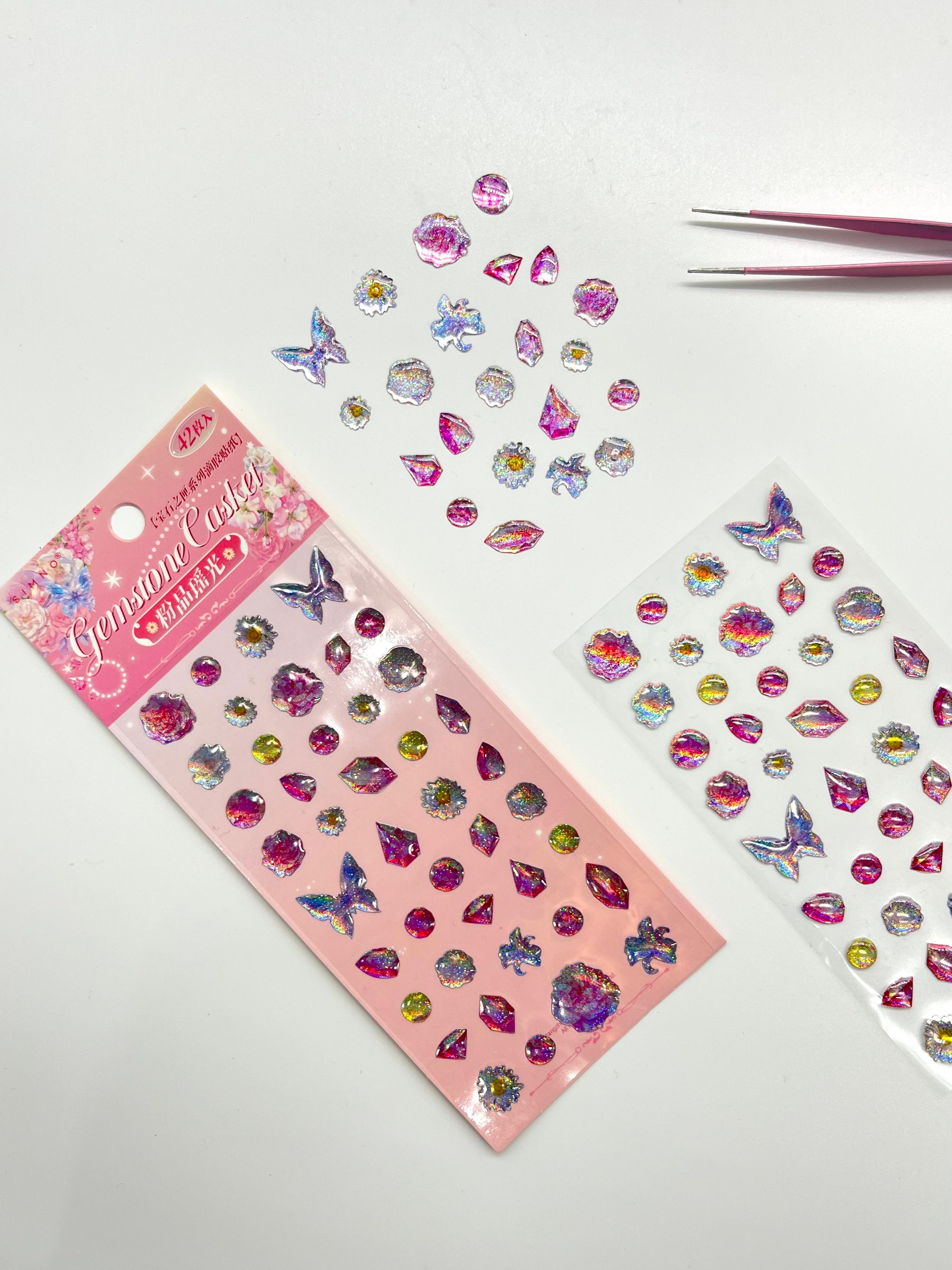 Holografik Çiçek ve Kelebek Pembe Paket Tek Yaprak 42 Adet Taş Sticker Seti/Etiket/Çıkartma