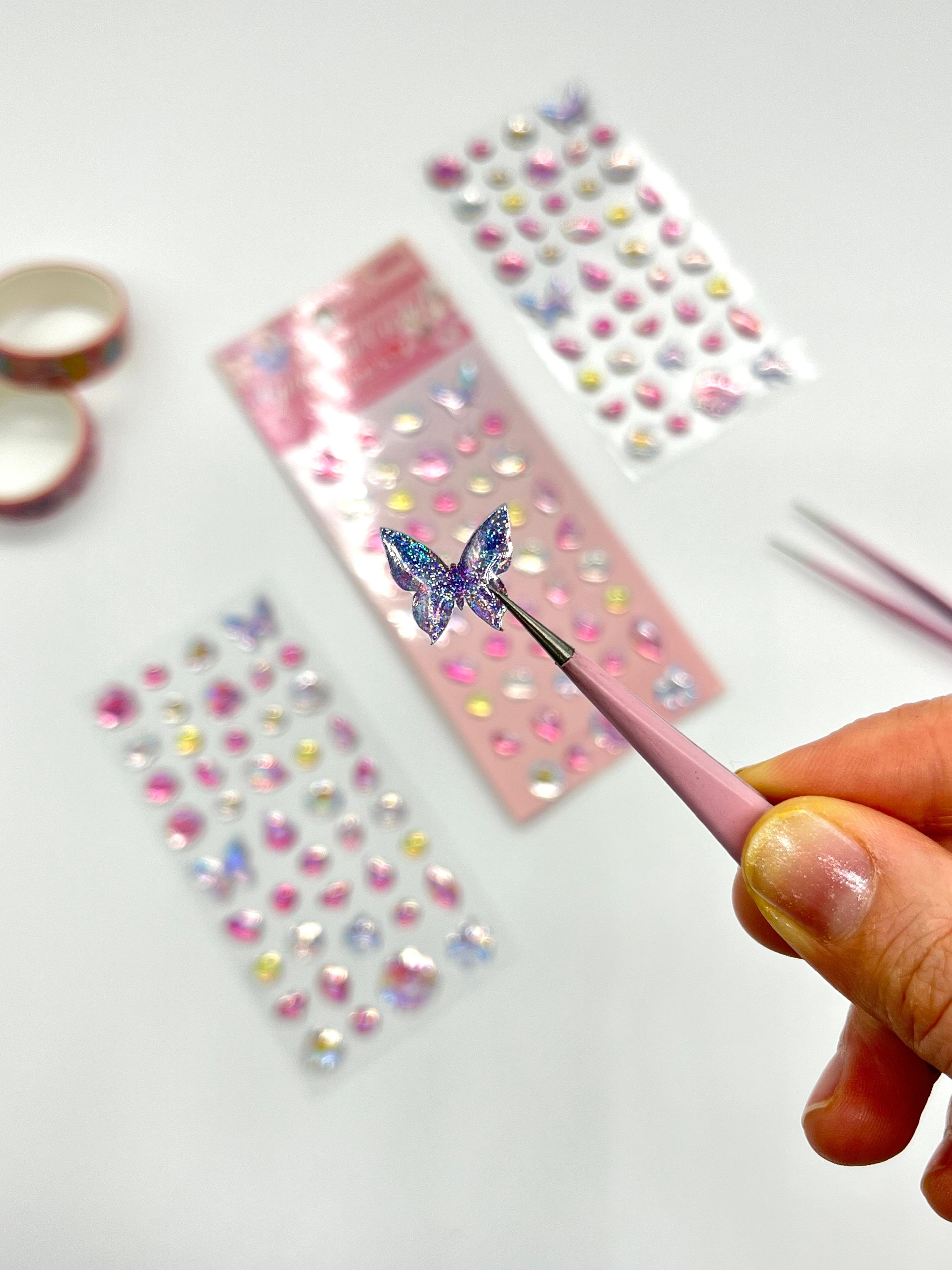 Holografik Çiçek ve Kelebek Pembe Paket Tek Yaprak 42 Adet Taş Sticker Seti/Etiket/Çıkartma