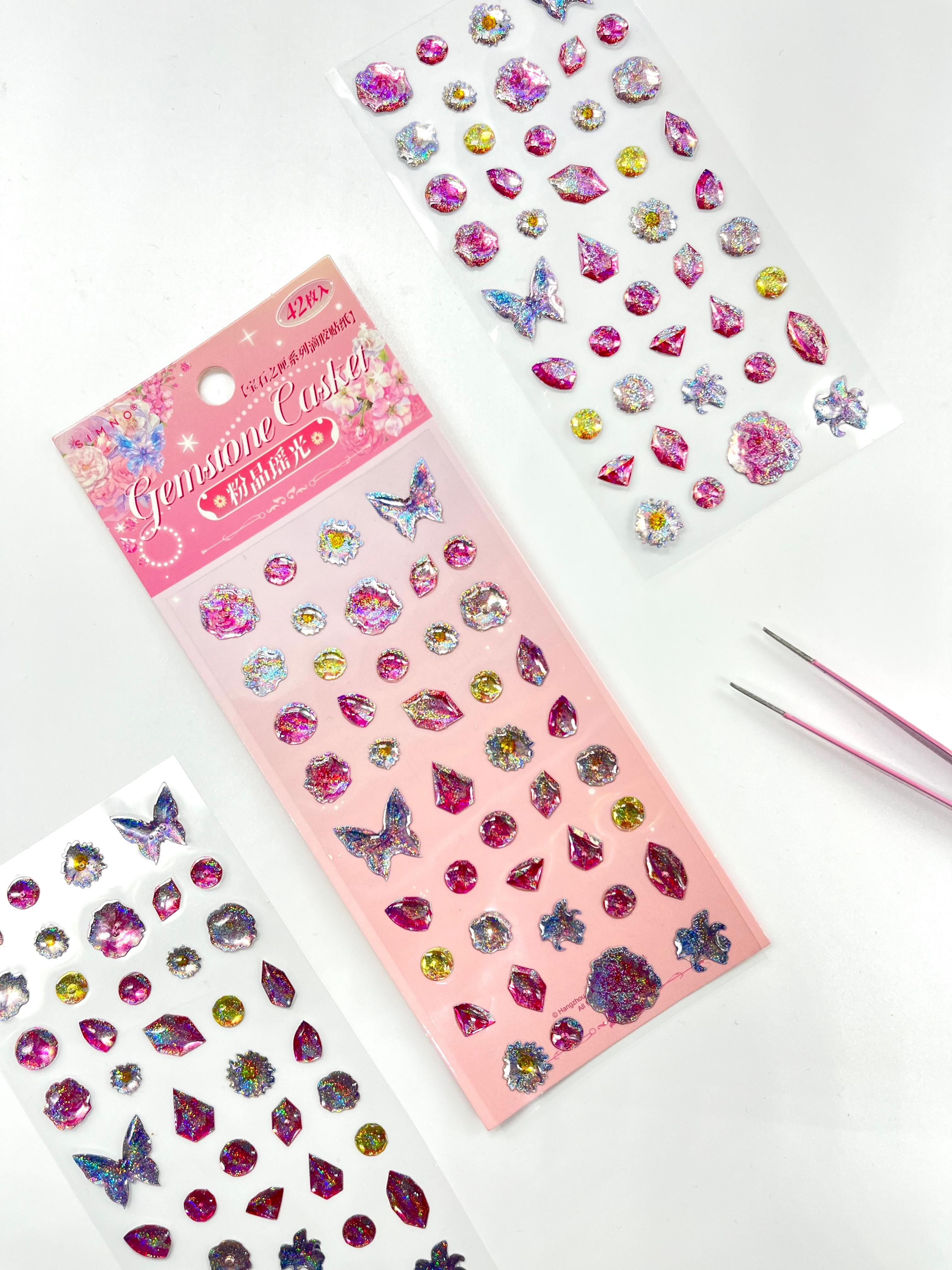 Holografik Çiçek ve Kelebek Pembe Paket Tek Yaprak 42 Adet Taş Sticker Seti/Etiket/Çıkartma