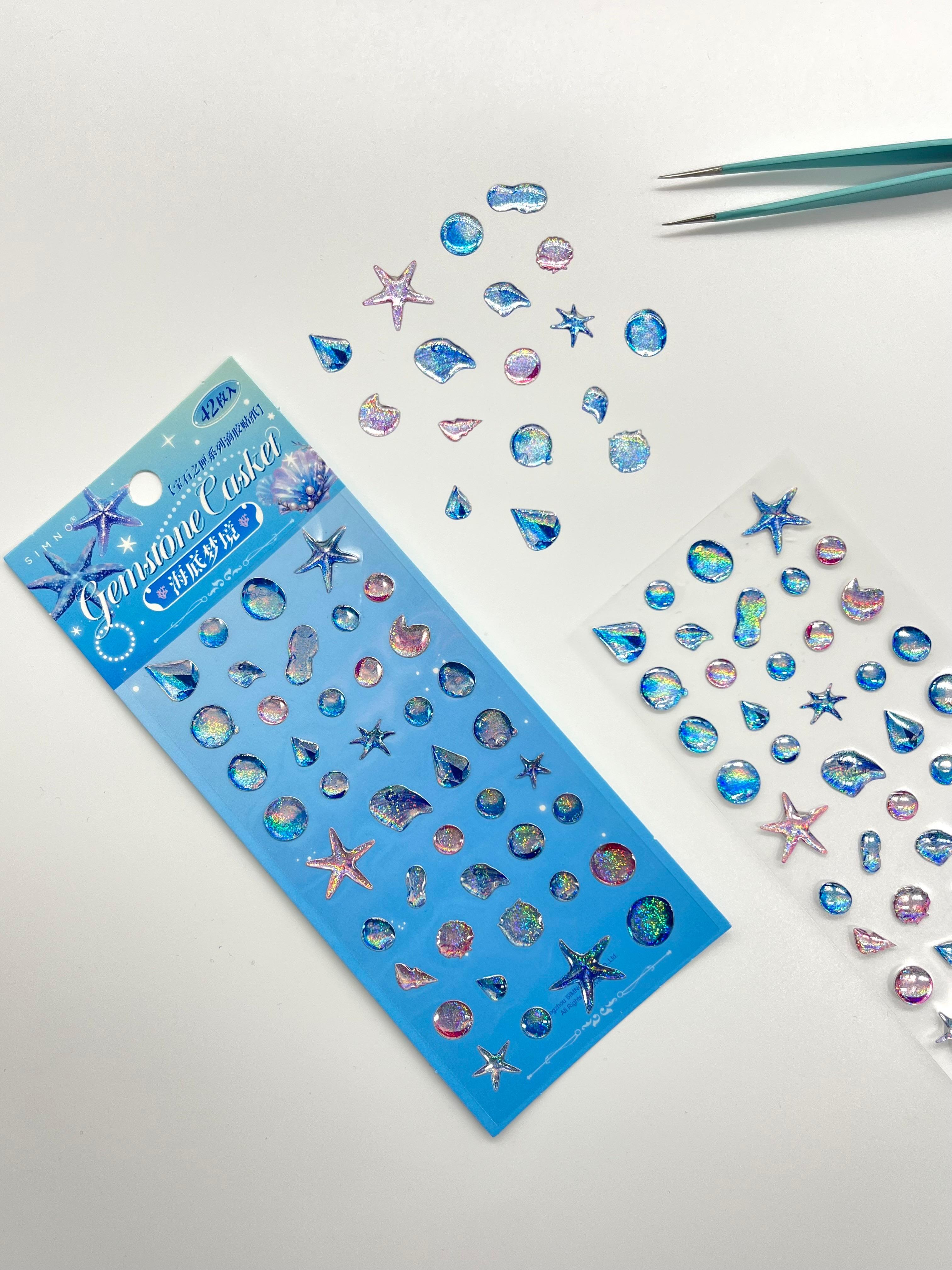 Holografik Deniz Yıldızı & Ocean Mavi Paket Tek Yaprak 42 Adet Taş Sticker Seti/Etiket/Çıkartma
