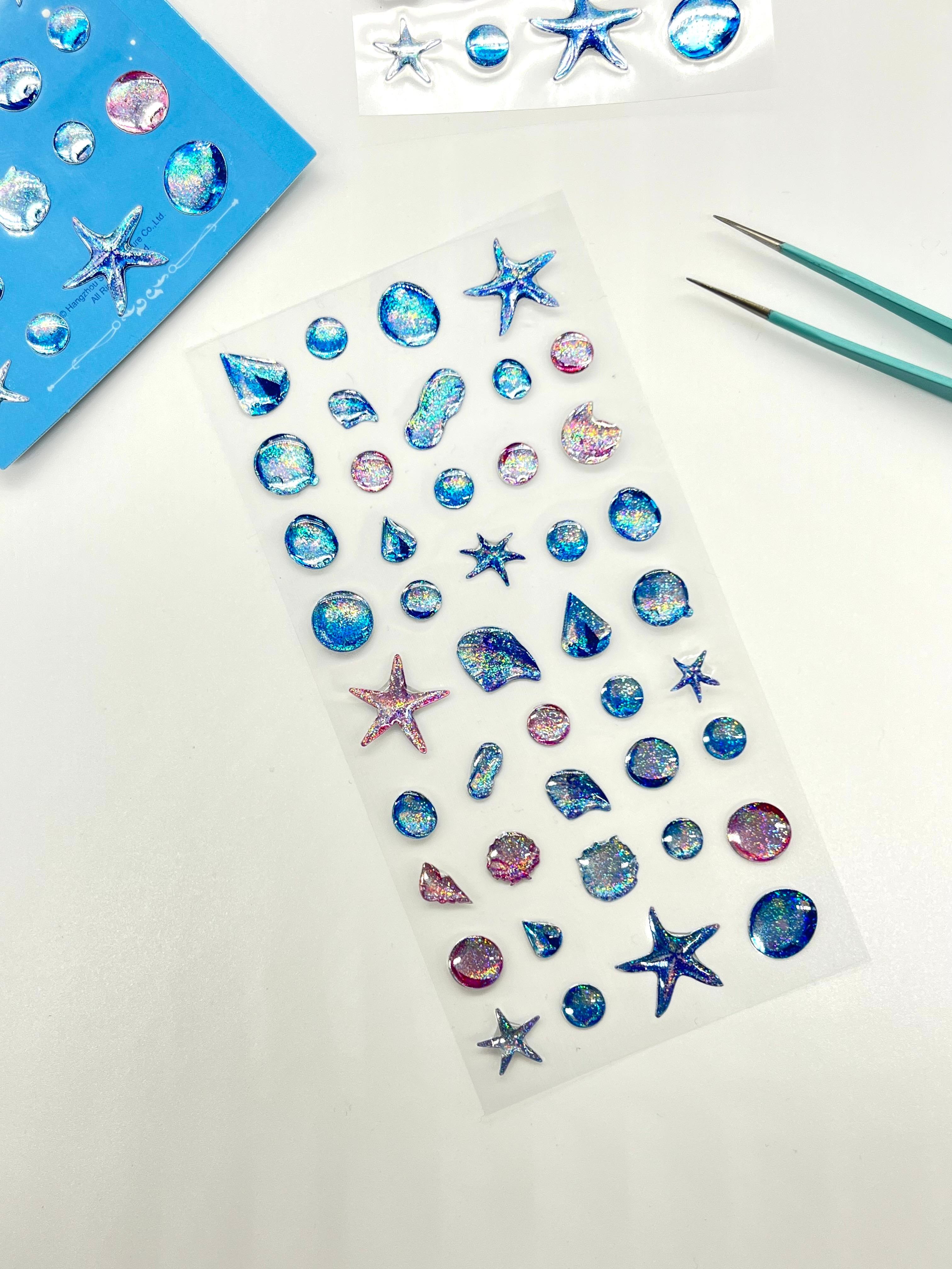 Holografik Deniz Yıldızı & Ocean Mavi Paket Tek Yaprak 42 Adet Taş Sticker Seti/Etiket/Çıkartma