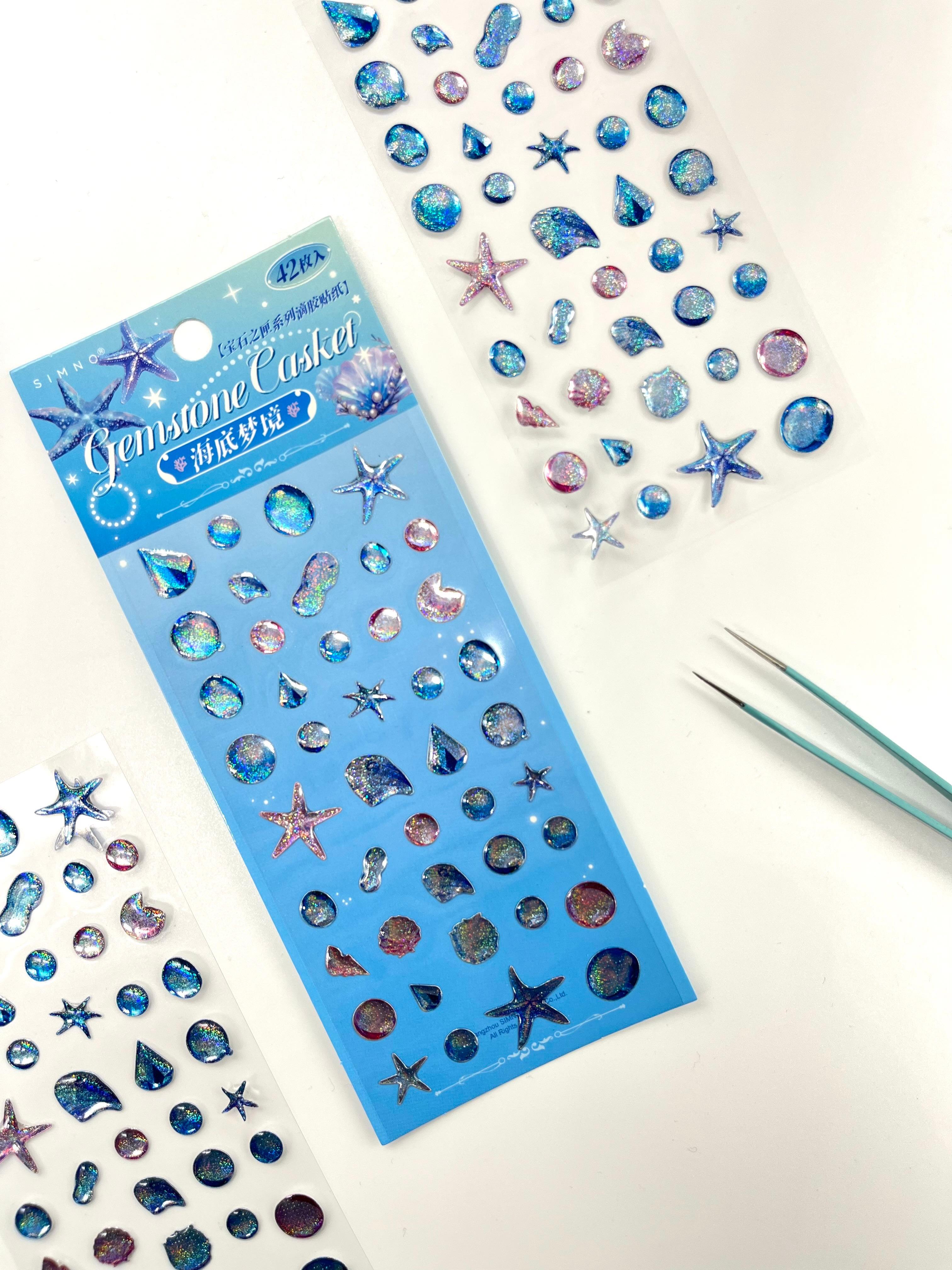 Holografik Deniz Yıldızı & Ocean Mavi Paket Tek Yaprak 42 Adet Taş Sticker Seti/Etiket/Çıkartma