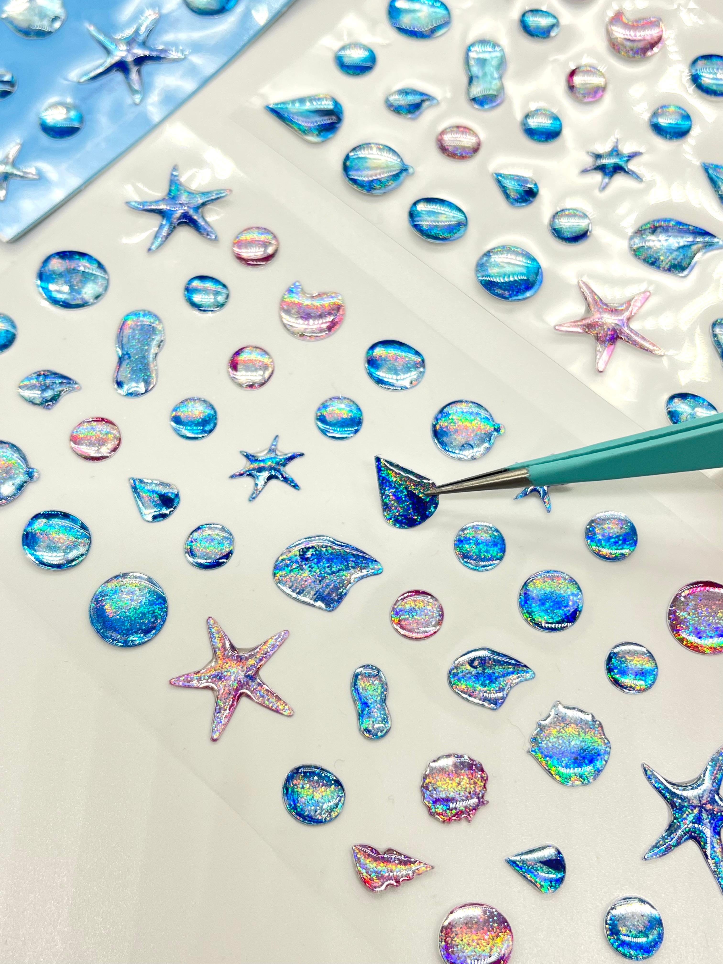 Holografik Deniz Yıldızı & Ocean Mavi Paket Tek Yaprak 42 Adet Taş Sticker Seti/Etiket/Çıkartma