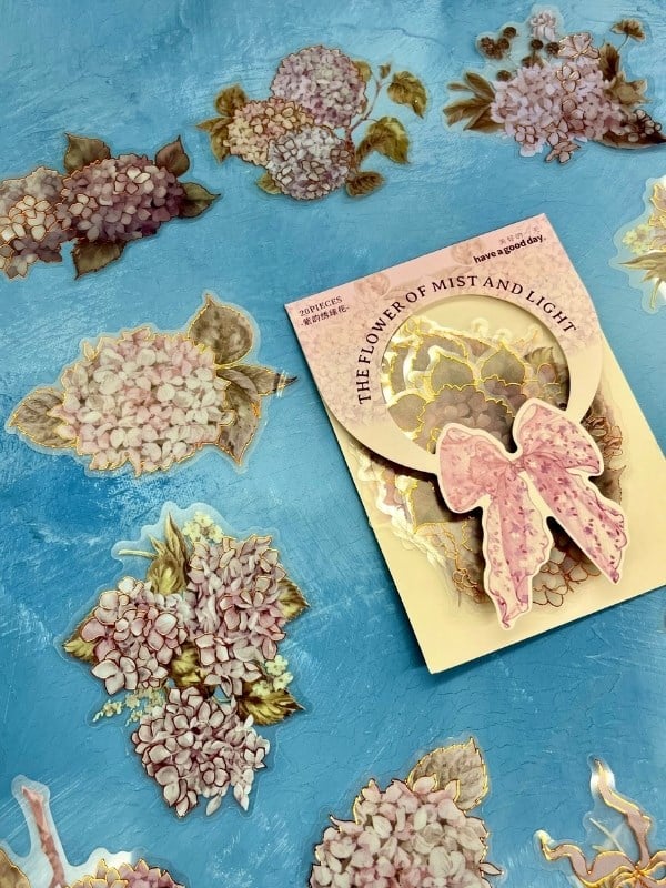 Holografik Efektli 20 Adet Ortanca  Çiçeği Desenli Pembe Renk Pet Sticker Seti/ Etiket / Çıkartma / Su Geçirmez