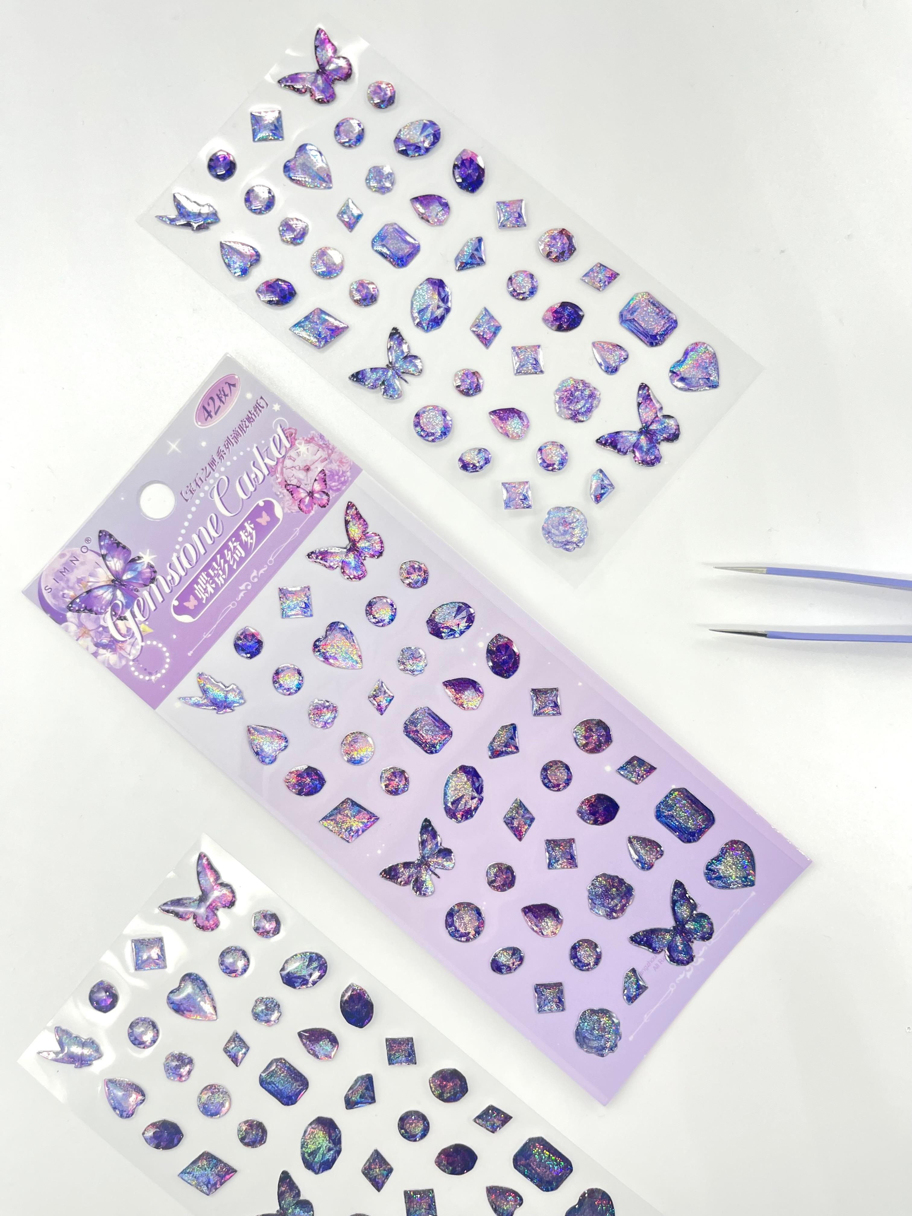 Holografik Kelebek ve Değerli Taş Mor Paket Tek Yaprak 42 Adet Taş Sticker Seti/Etiket/Çıkartma