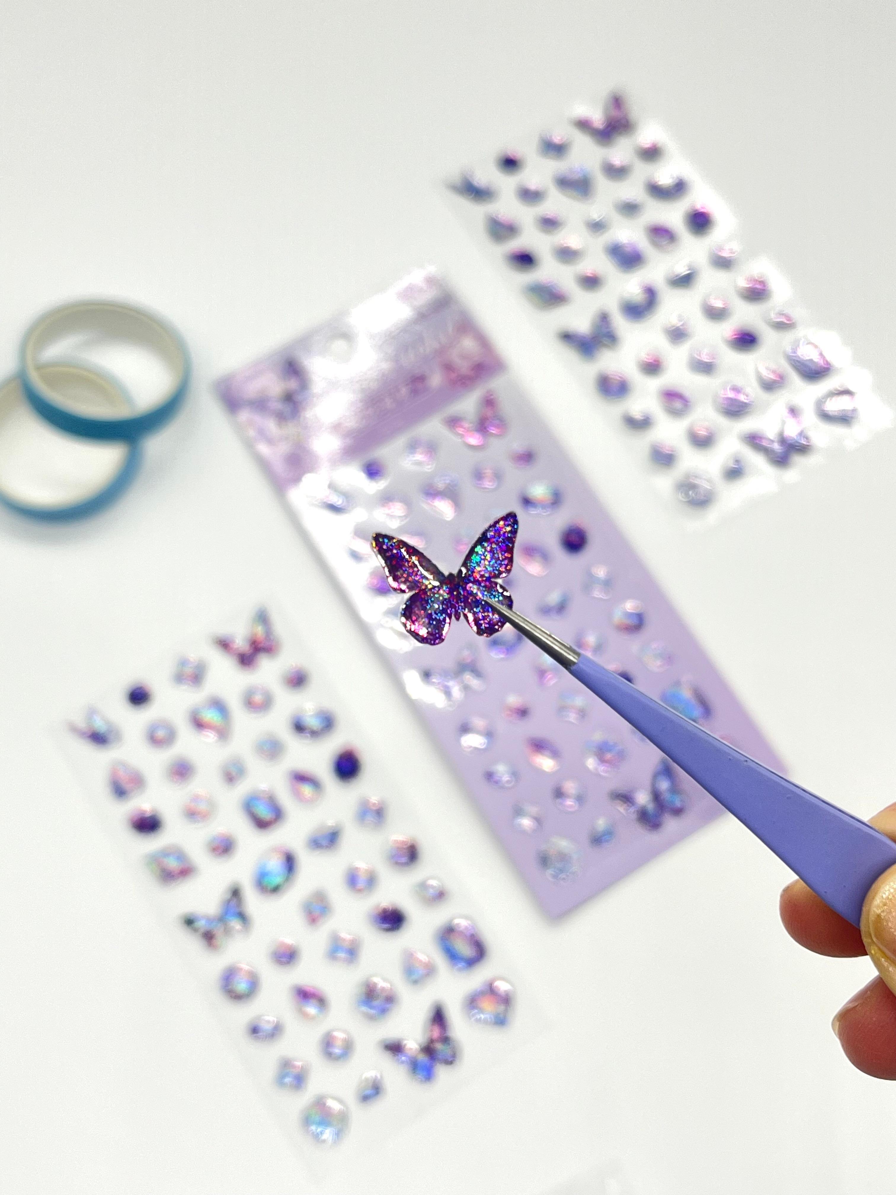 Holografik Kelebek ve Değerli Taş Mor Paket Tek Yaprak 42 Adet Taş Sticker Seti/Etiket/Çıkartma