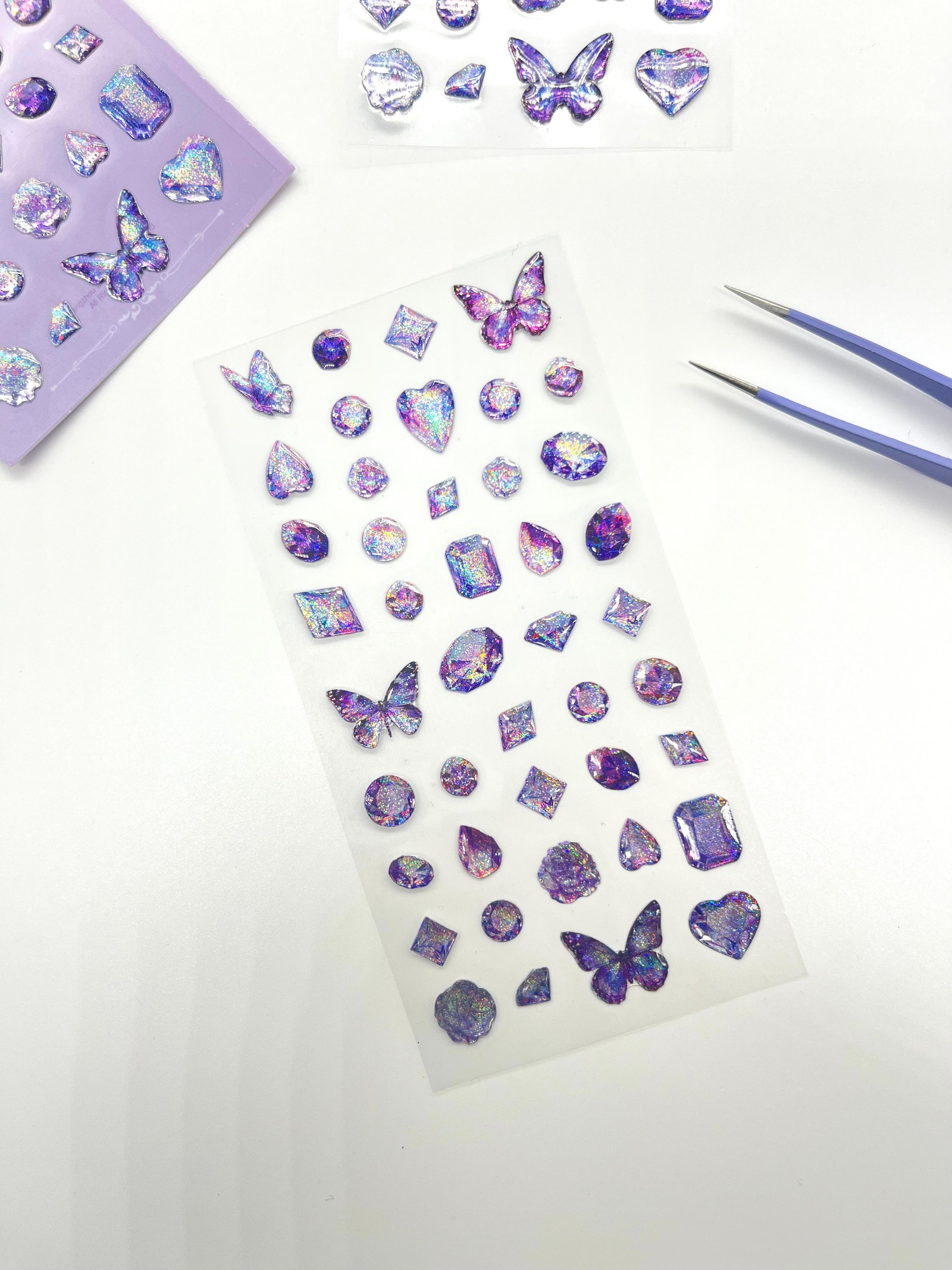 Holografik Kelebek ve Değerli Taş Mor Paket Tek Yaprak 42 Adet Taş Sticker Seti/Etiket/Çıkartma