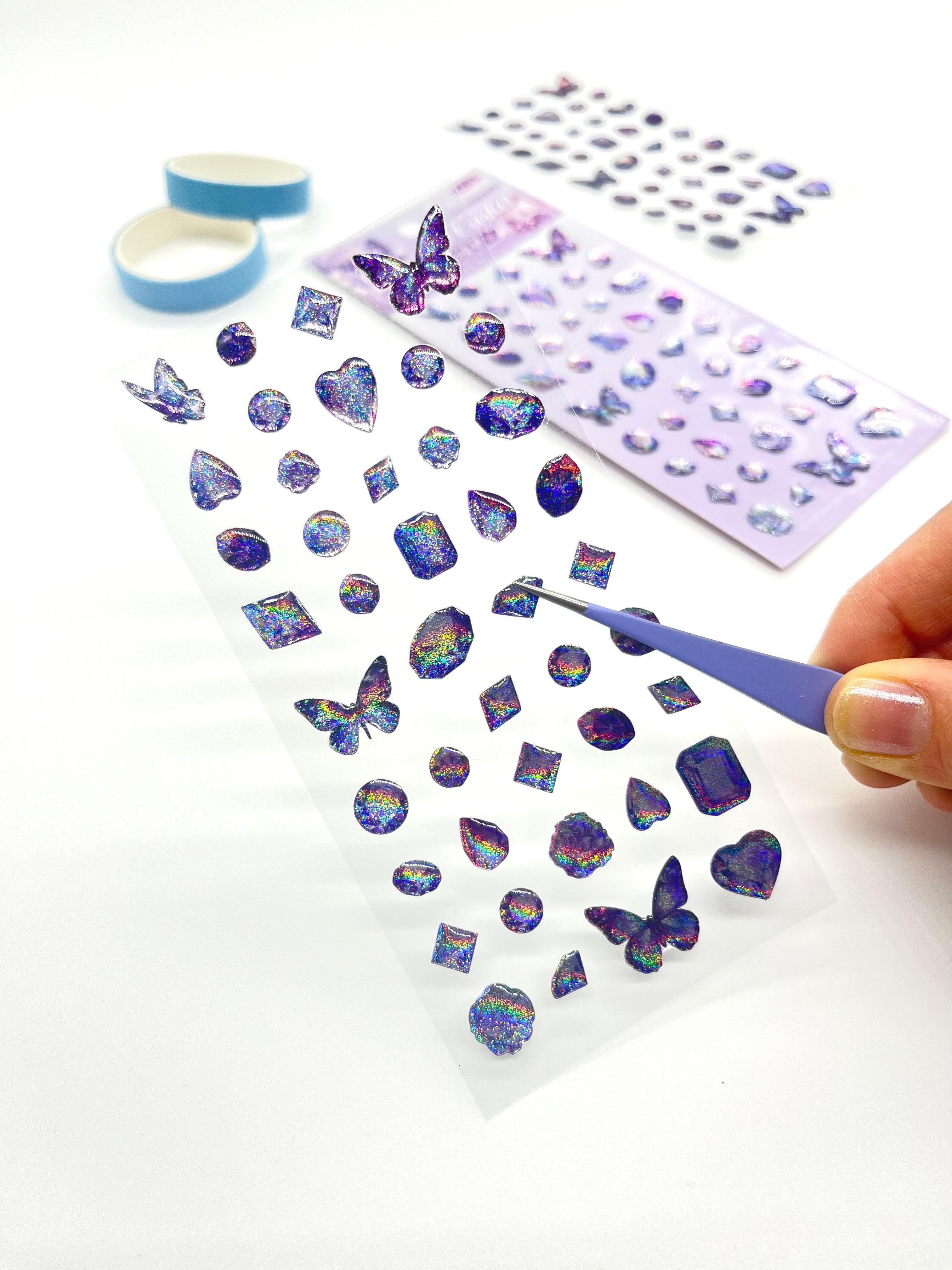 Holografik Kelebek ve Değerli Taş Mor Paket Tek Yaprak 42 Adet Taş Sticker Seti/Etiket/Çıkartma
