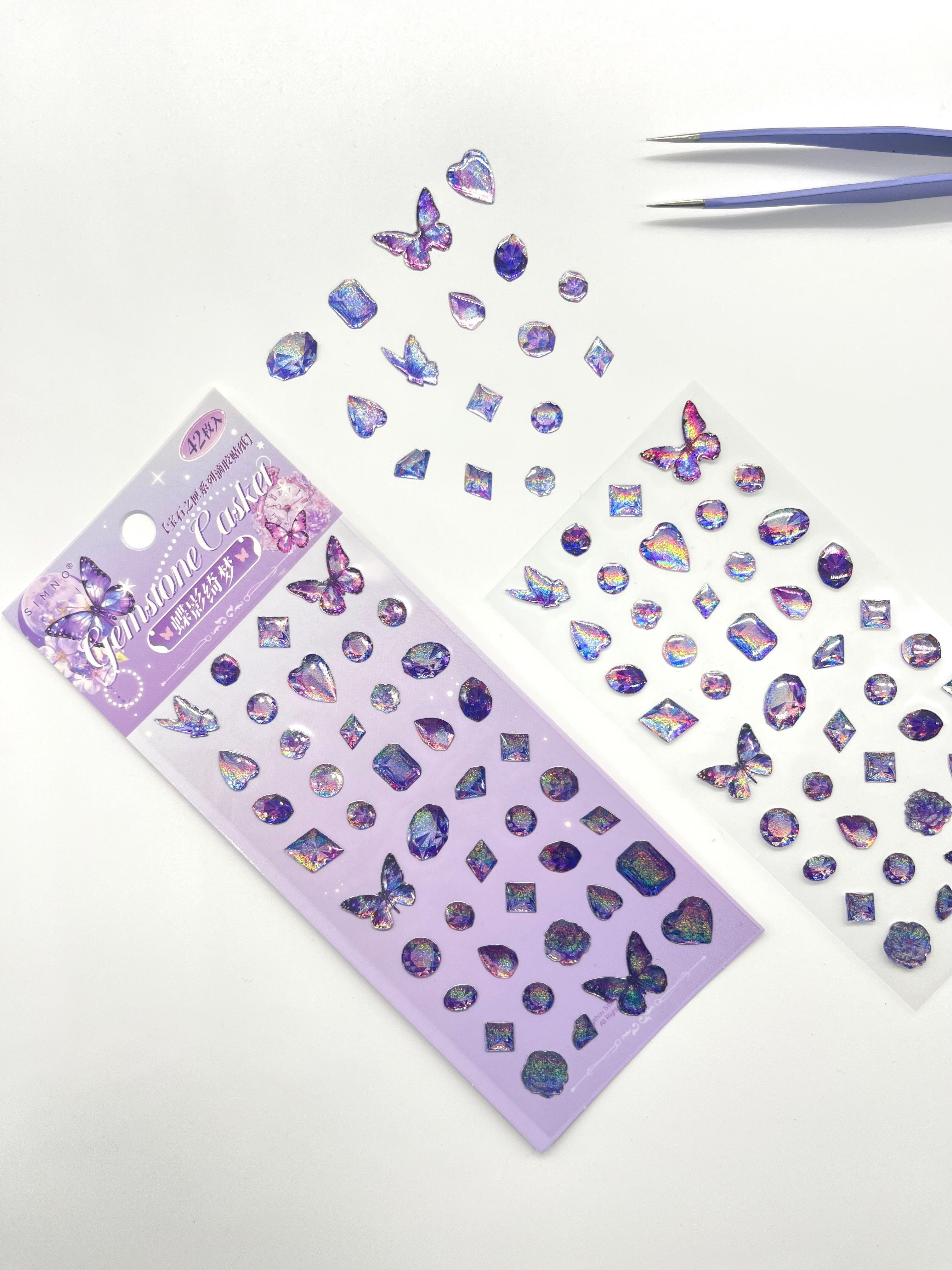 Holografik Kelebek ve Değerli Taş Mor Paket Tek Yaprak 42 Adet Taş Sticker Seti/Etiket/Çıkartma