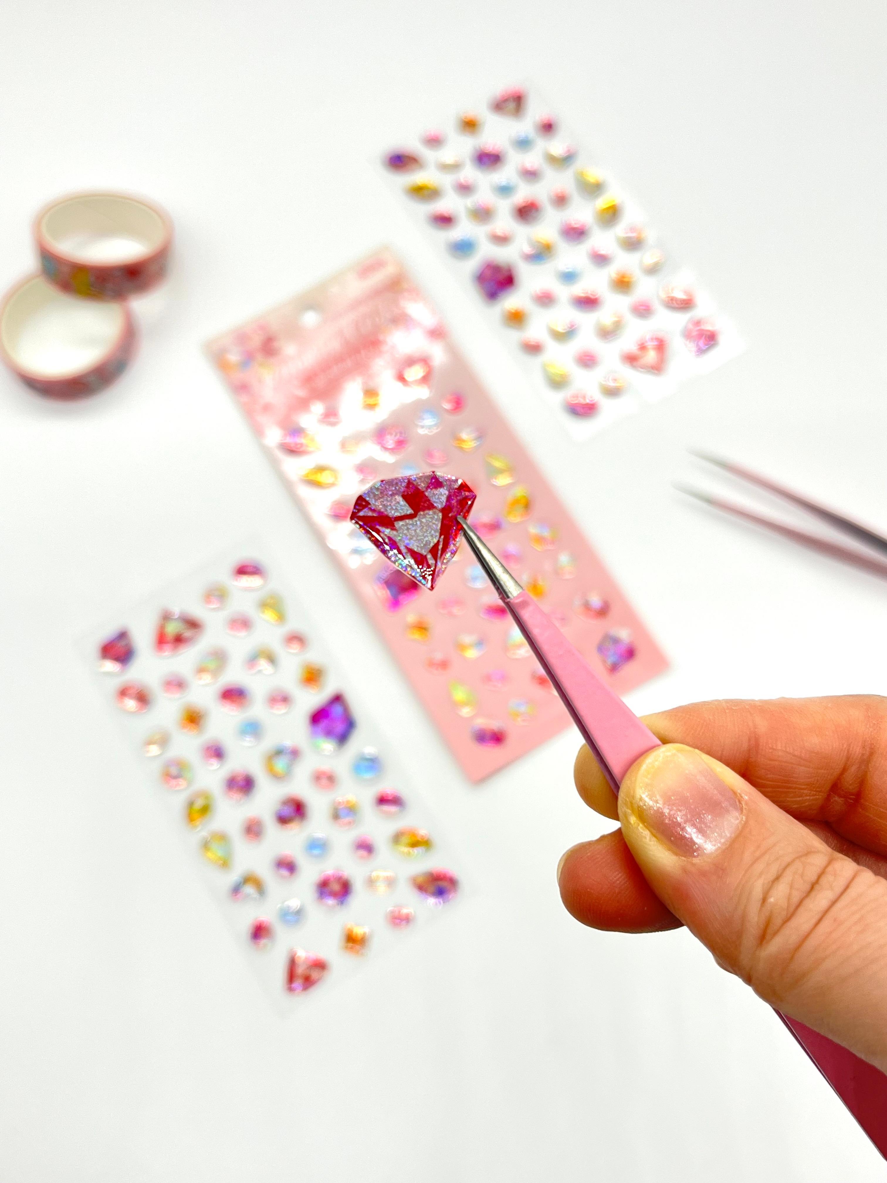 Holografik Pembe Renkli Mücevher Taşlar Tek Yaprak 42 Adet Sticker Seti/Etiket/Çıkartma