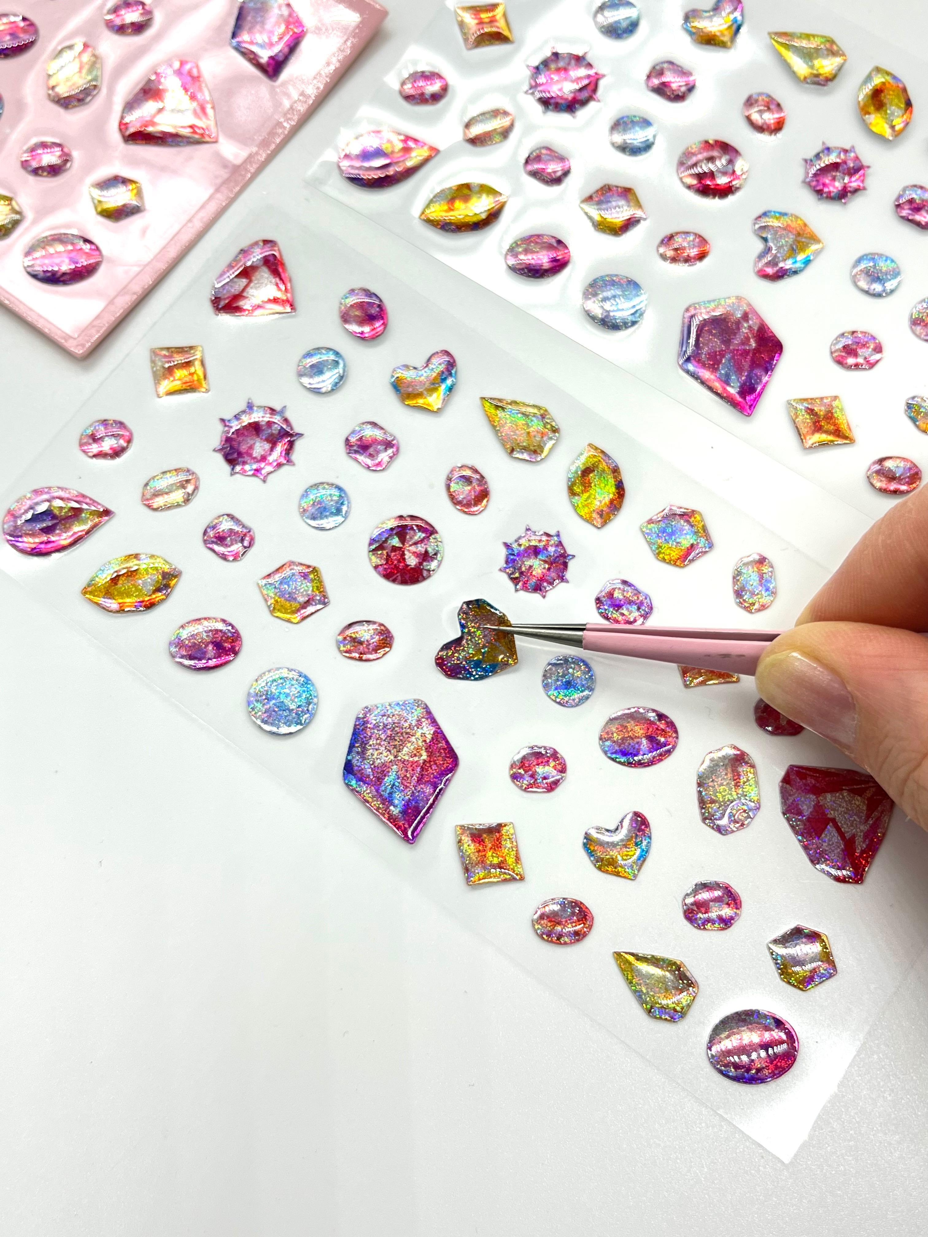 Holografik Pembe Renkli Mücevher Taşlar Tek Yaprak 42 Adet Sticker Seti/Etiket/Çıkartma