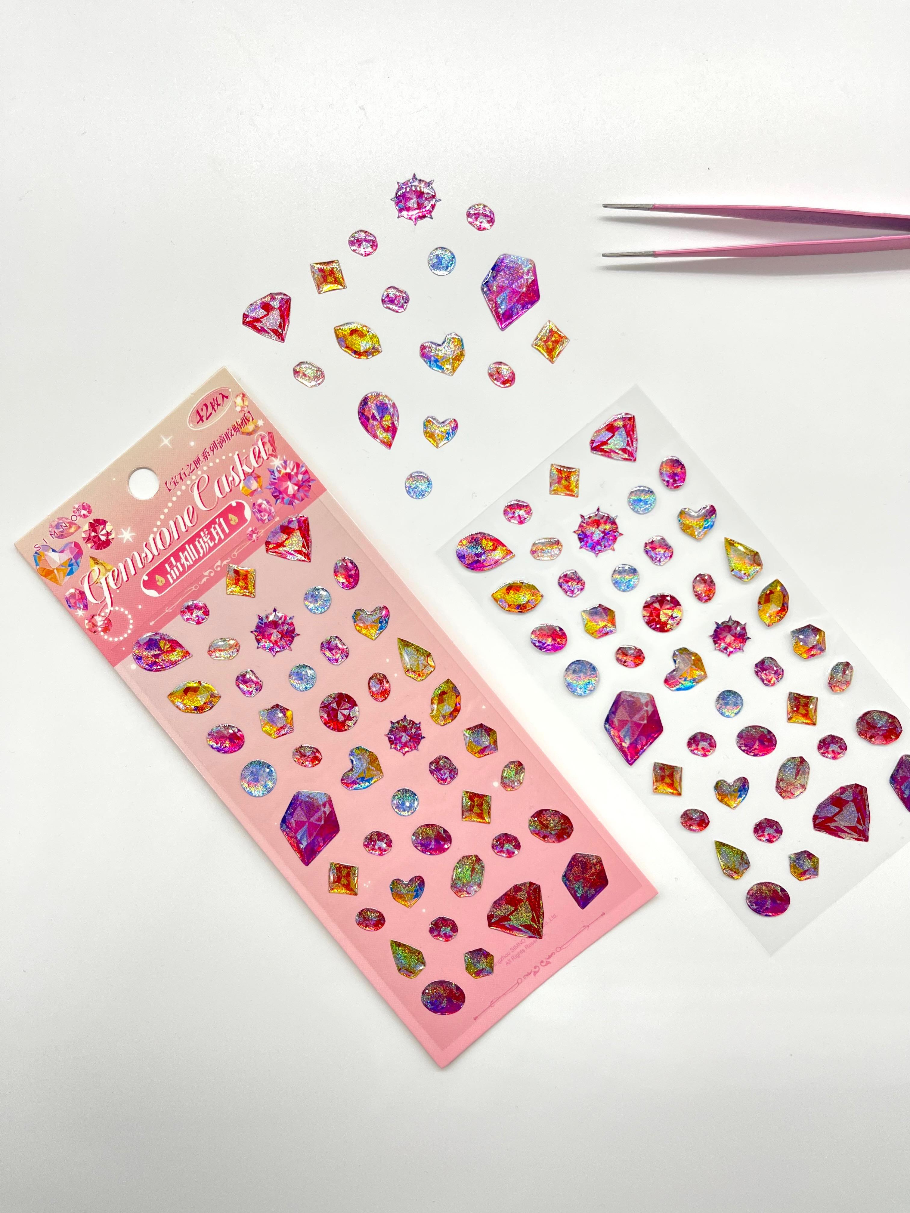 Holografik Pembe Renkli Mücevher Taşlar Tek Yaprak 42 Adet Sticker Seti/Etiket/Çıkartma