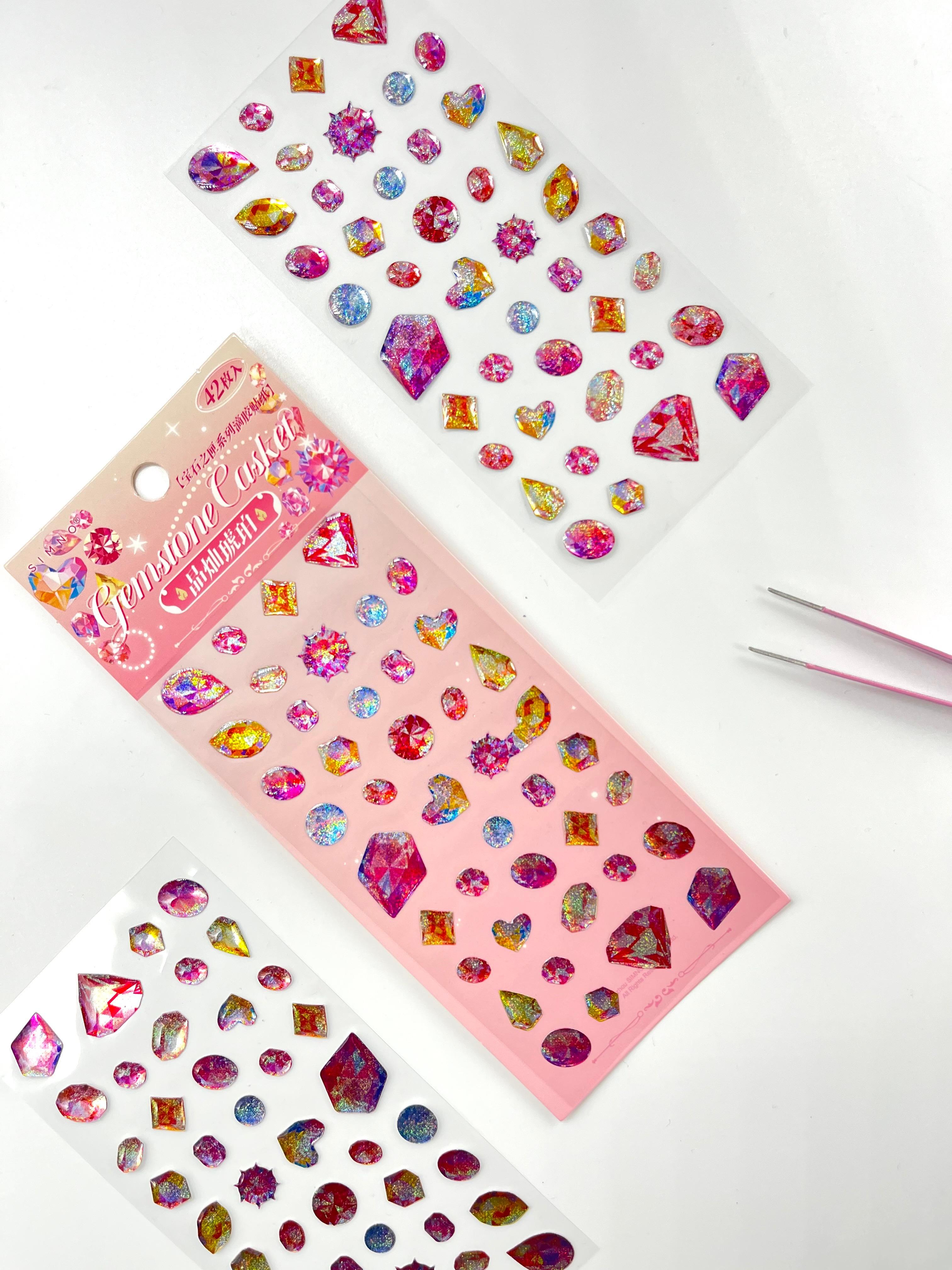 Holografik Pembe Renkli Mücevher Taşlar Tek Yaprak 42 Adet Sticker Seti/Etiket/Çıkartma